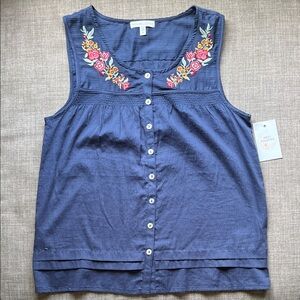Indio Collective Boho Blue 100% Cotton Embroidered Sleeveless Blouse Small NWT